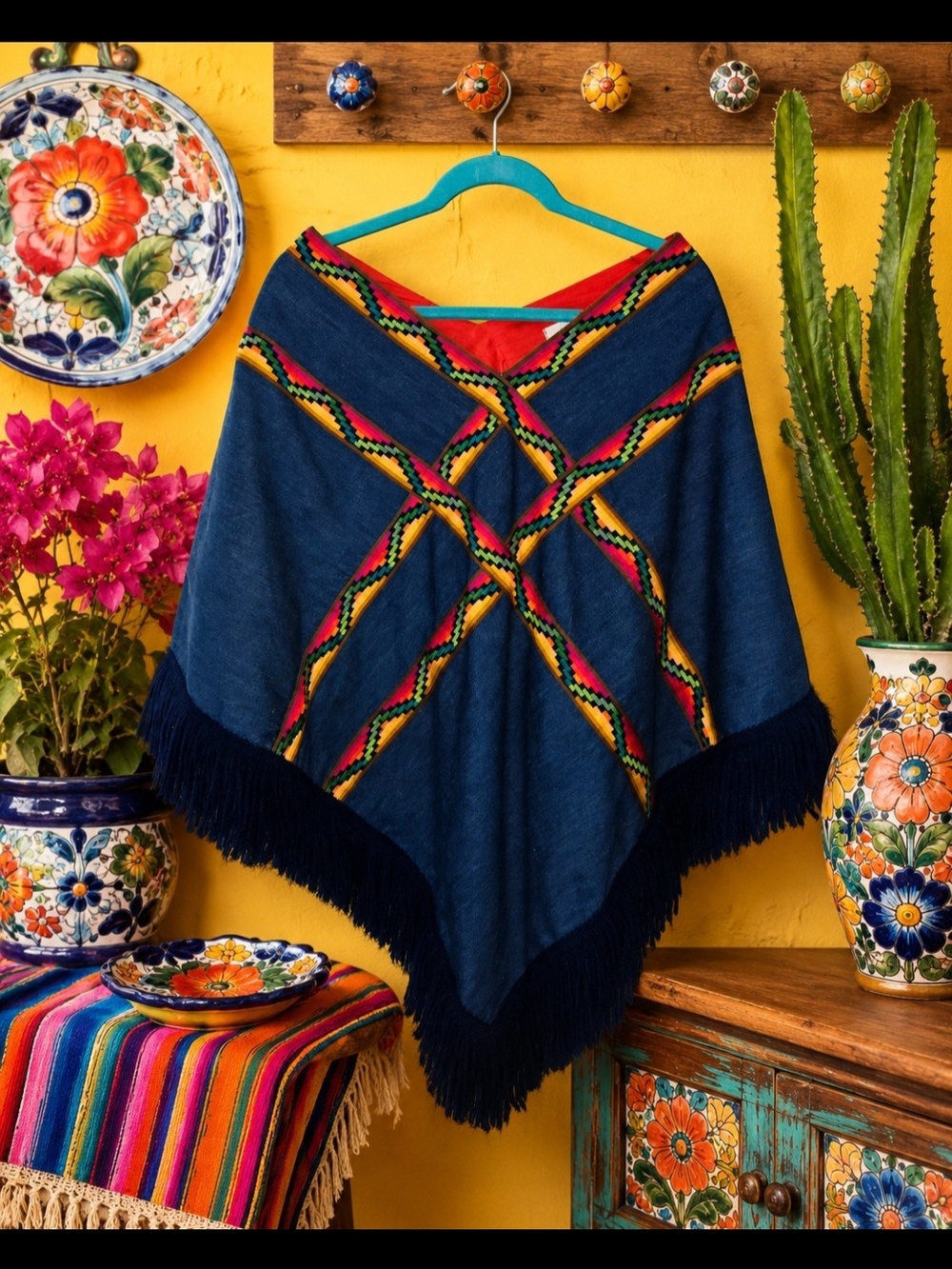 Boho Navy Fringe Poncho with Colorful Aztec Trim - Three Squares